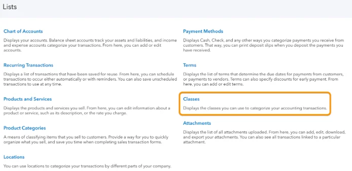 Screen showing how to navigate to "Classes" in QuickBooks Online
