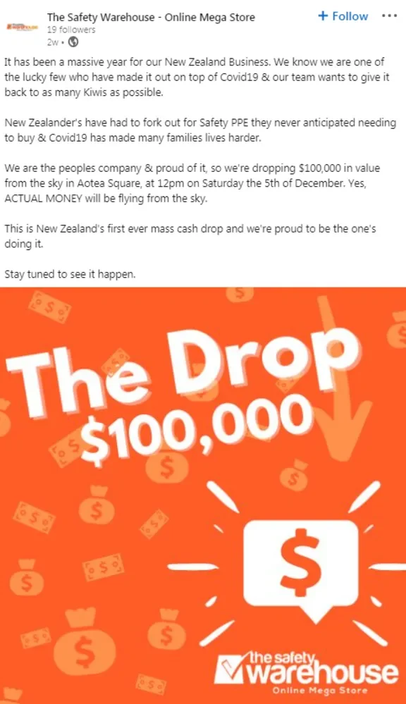 Safety Warehouse's Facebook post promoting its $100,000 drop event.