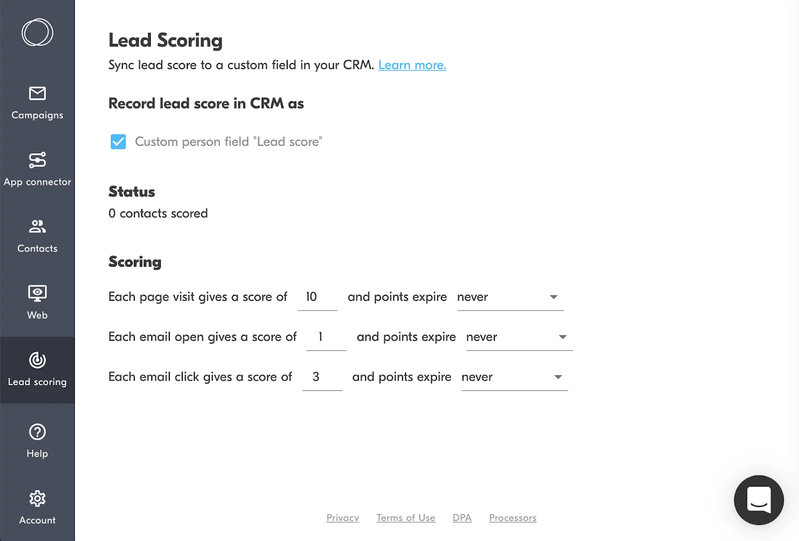 Copper CRM lead scoring function.