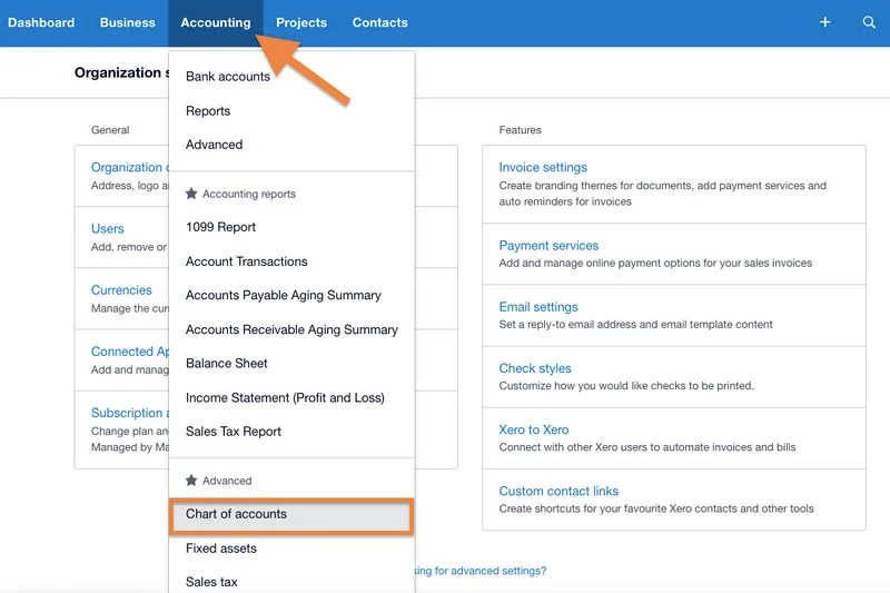 Screen showing how to navigate to Chart of accounts in Xero
