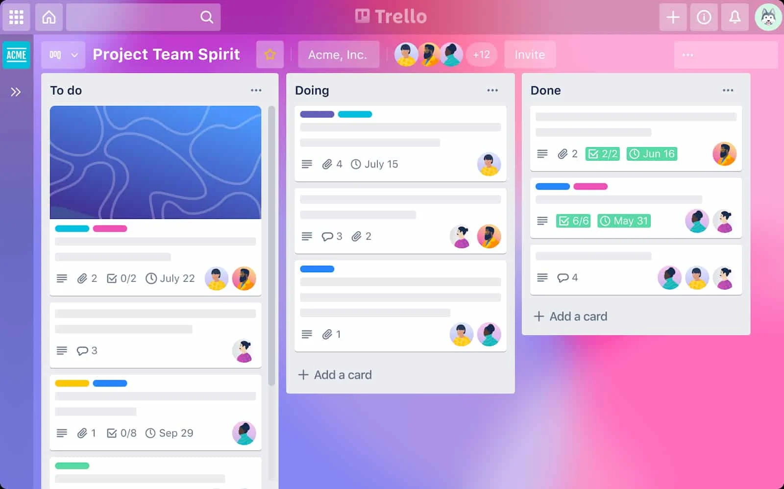 An example of a Kanban view of project management in Trello.