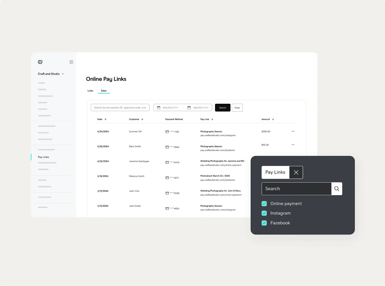 GoDaddy Pay Links dashboard