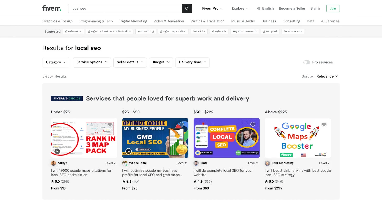 Sample local SEO services from various freelancers on Fiverr.