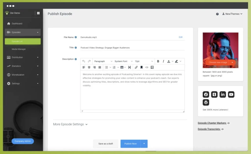 Screenshot of Podbean’s episode publishing interface showing fields for title, description, cover art, and publishing options.