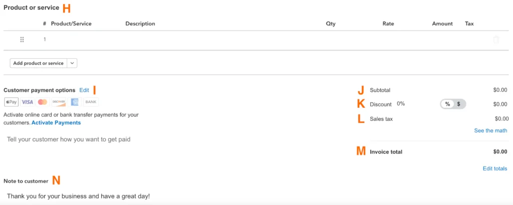 Bottom half portion of the new QuickBooks invoicing form, showing fields like product or service, subtotal, and total