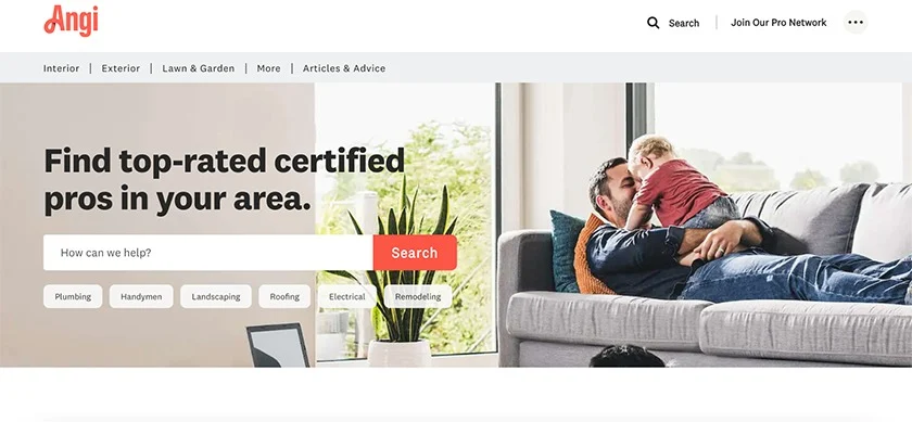 Home page of the Angi website.