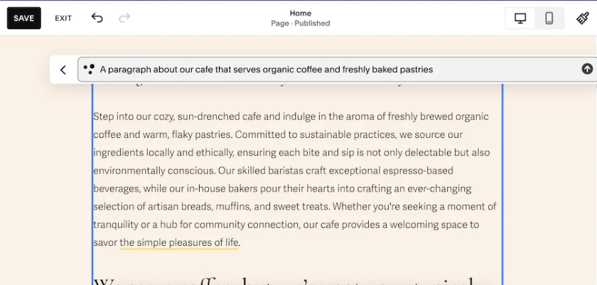Sample website copies for an organic cafe website generated by Squarespace's AI copywriter.