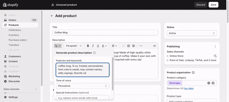 GIF of process generating AI product descriptions on Shopify
