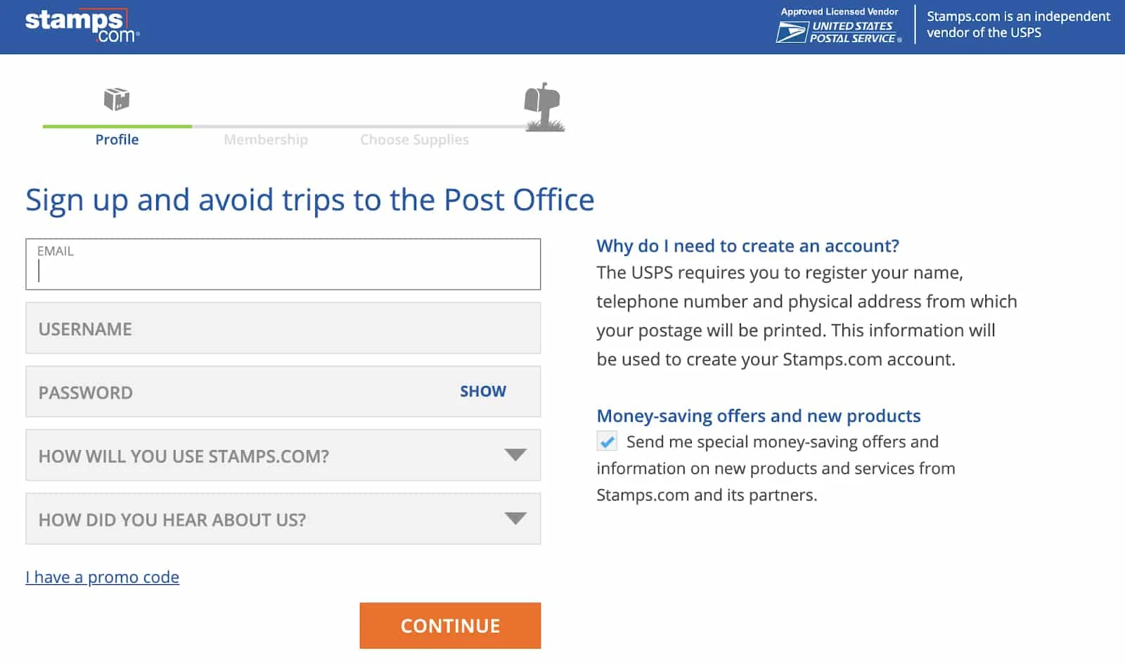 Screenshot of Stamps.com Sign Up for Free Trial