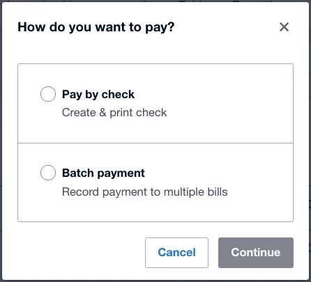 Screen showing whether you want to pay by check or process batch payment in Xero