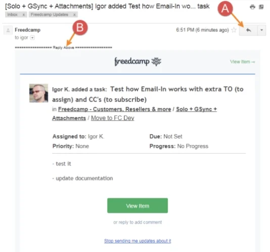 A screenshot of an email notification from Freedcamp when a project item is successfully added.