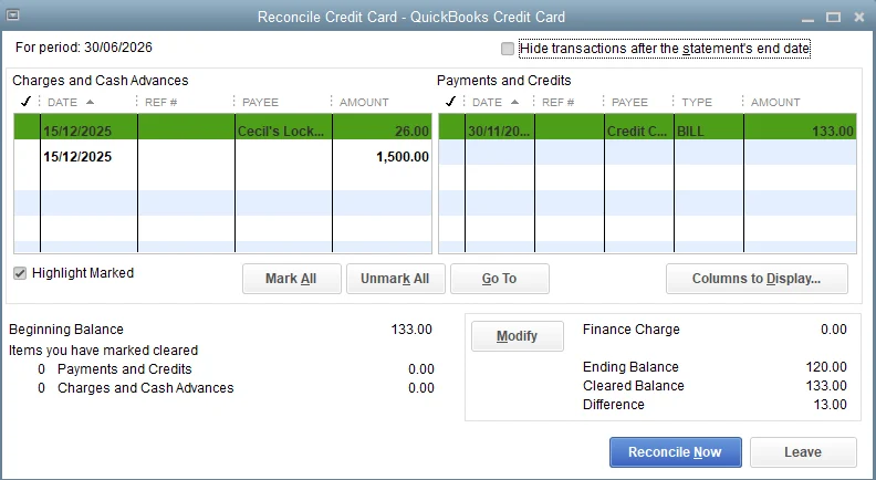 Screen showing credit card transactions being reconciled in QuickBooks Contractor.