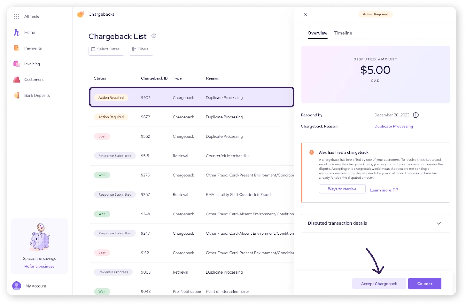 Chargeback management dashboard showing a list of cases with options to Accept Chargeback or Counter.