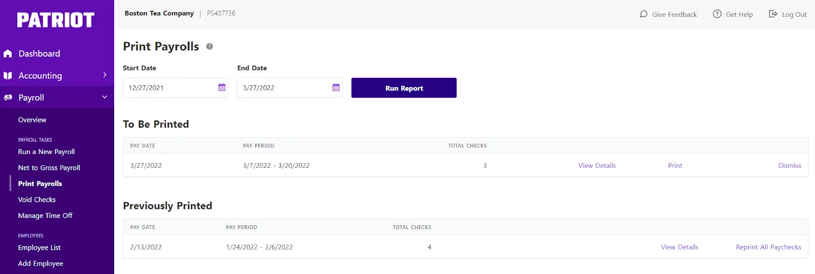 Printing payrolls in Patriot Payroll.
