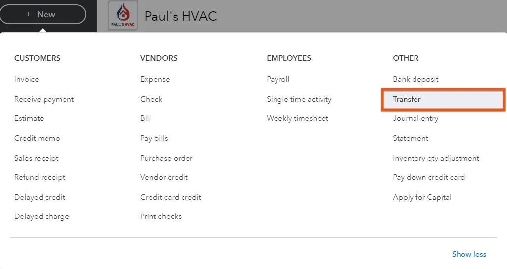 Screen where you can navigate to the fund transfer form in QuickBooks Online