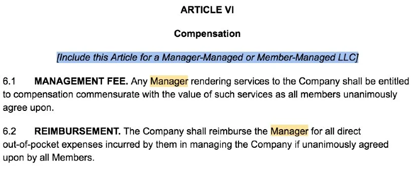 Screenshot of LLC Operating Agreement Template Article VI