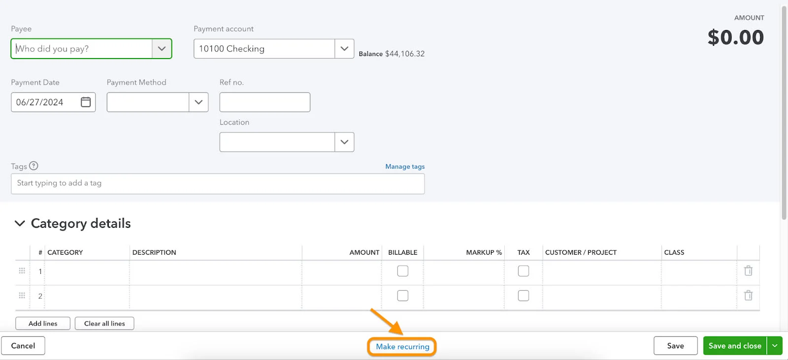 Image showing how to make an entry a recurring transaction.