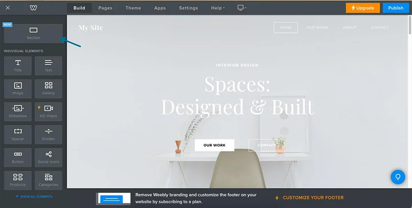 Adding a new section in the Build tab.