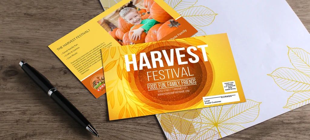 Sample postcards for a festival printed by Next Day Printing.
