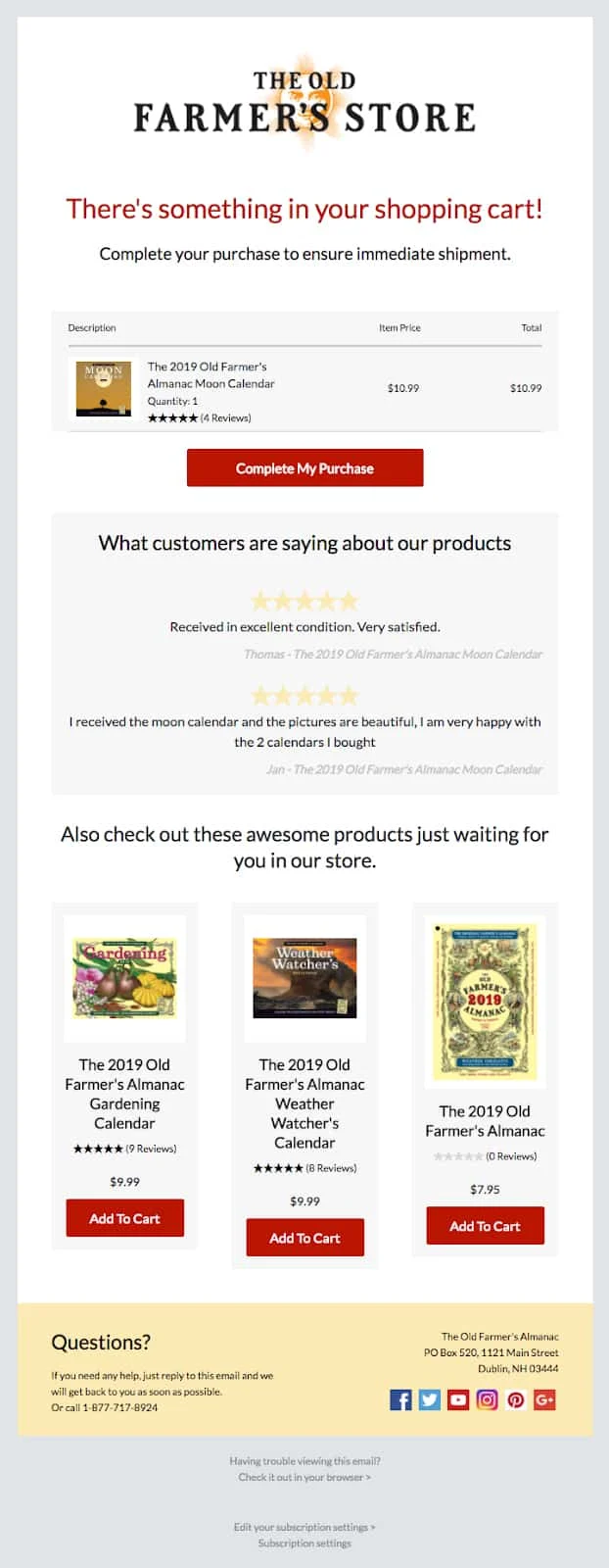 Example of BigCommerce follow-up email for abandon from The Old Farmer's Store.