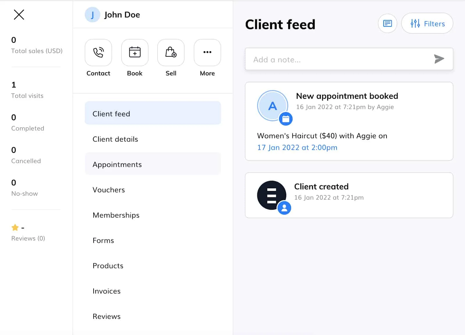 John doe profile information from Fresha user admin page.