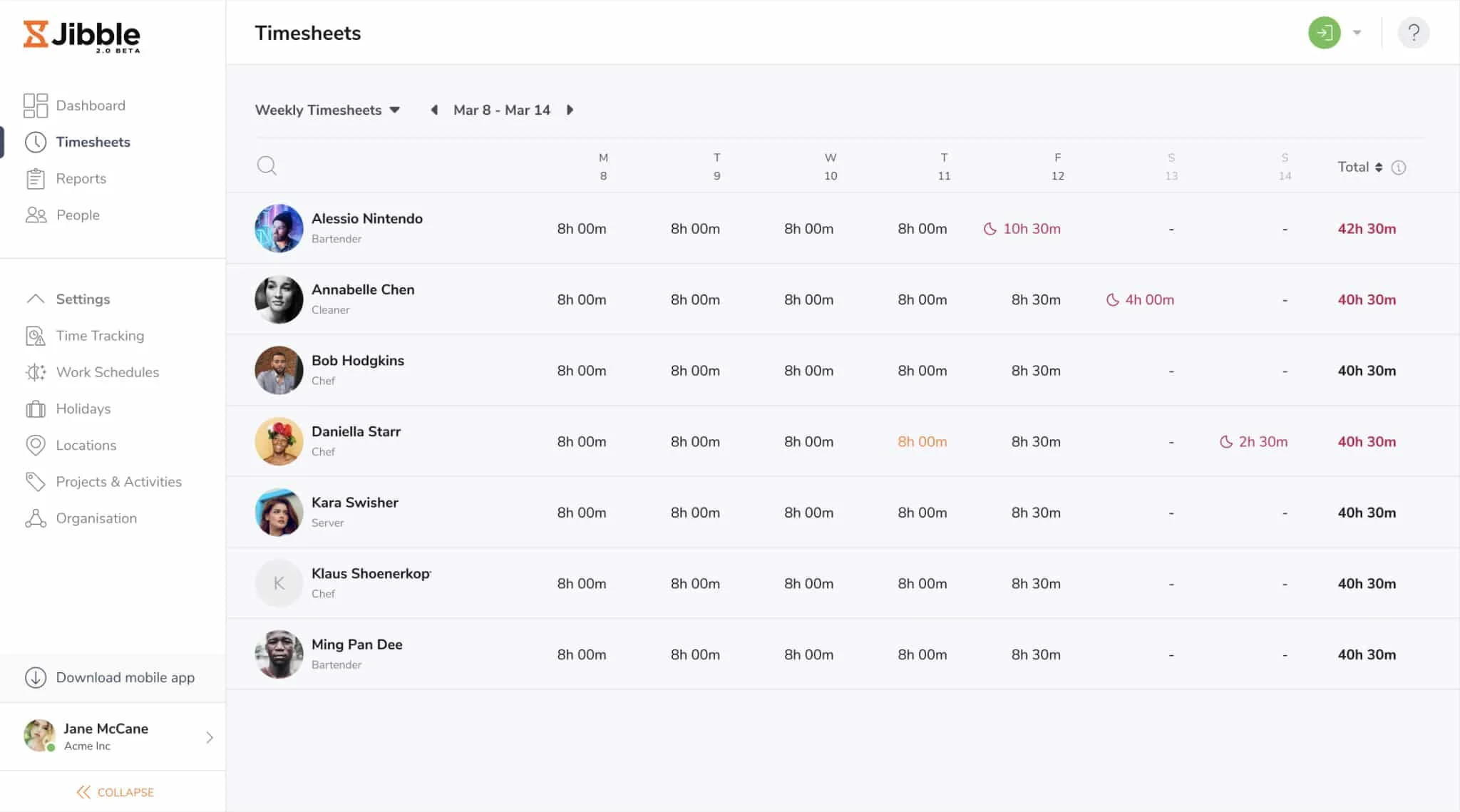 Screenshot of Jibble weekly timesheet
