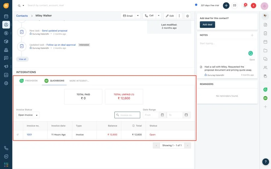 Screenshot showing Freshsales' integration with QuickBooks.