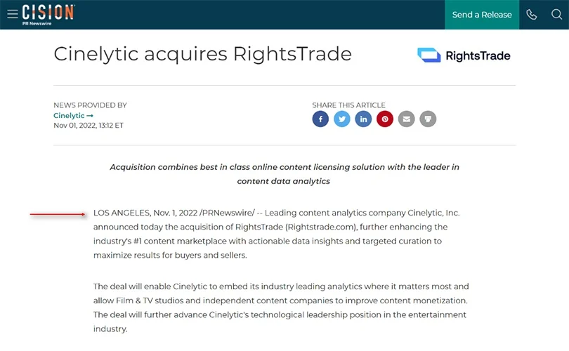 RightsTrade press release with location and date formatting in the lead paragraph
