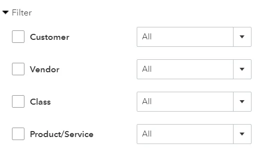 Filter options you can use to create your cash flow report in QuickBooks including customer and vendor.