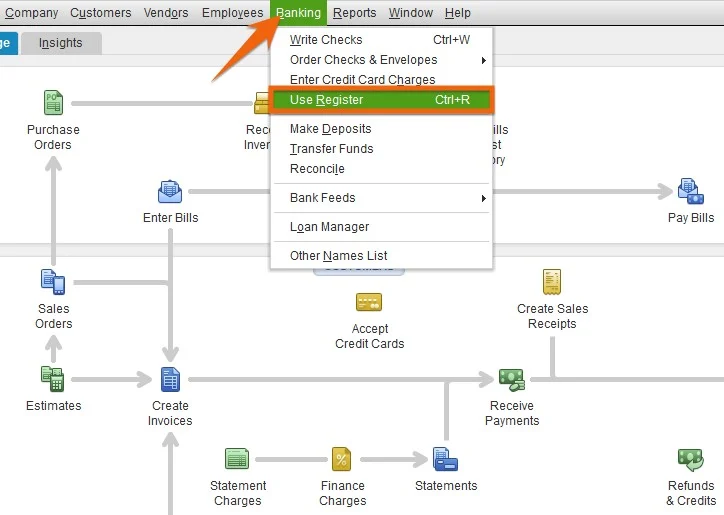 Arrow pointing at Banking then Use Register.