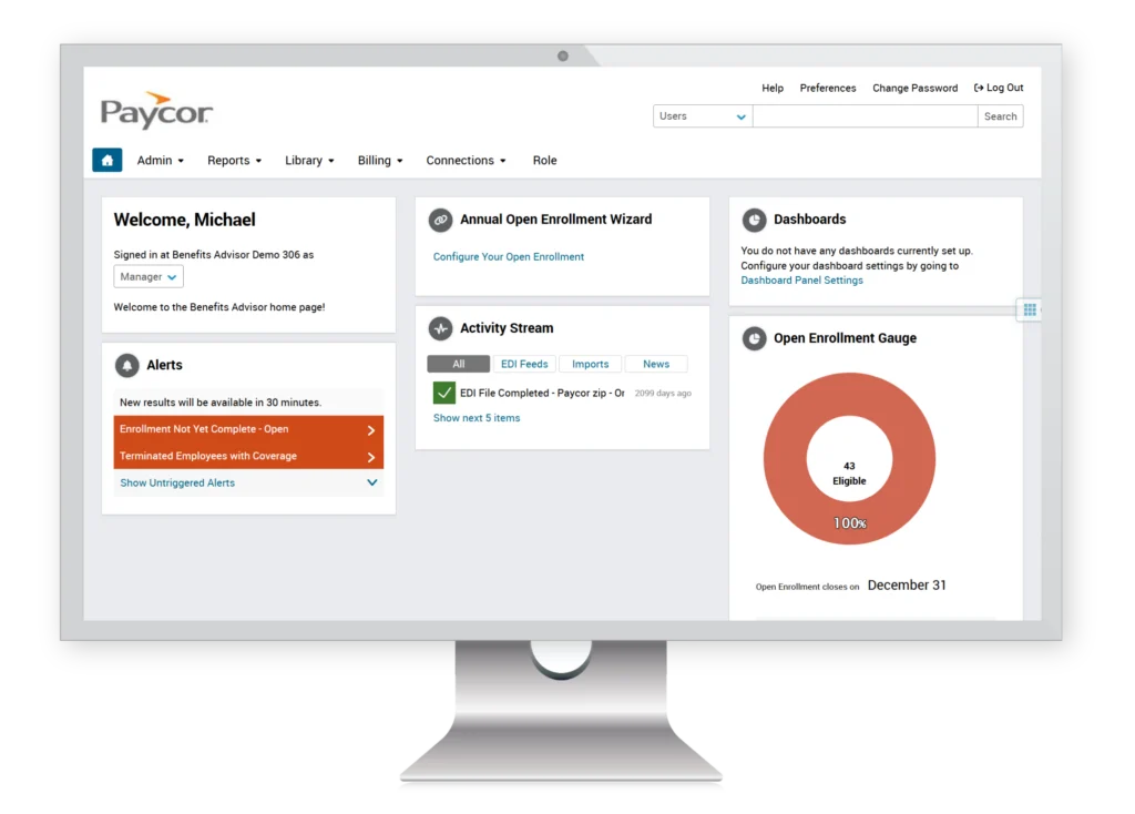 dashboard for benefits administration showing open enrollment wizard