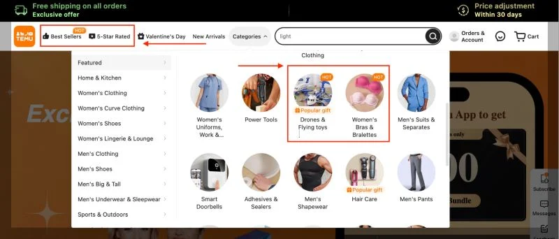Temu website best sellers and 5-star rated products how to find popular and hot items
