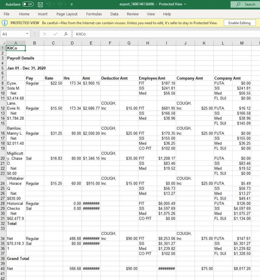 Showing Payroll details excel report.