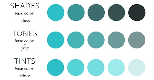 A variation of shades, tones, and tints of a single hue of blue-green in color circles.