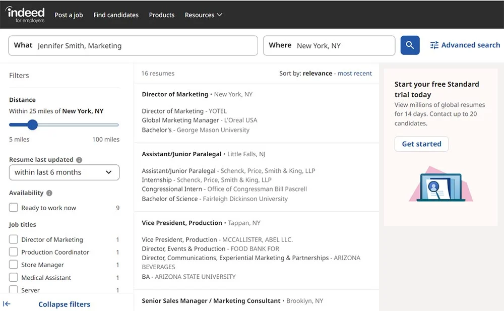 Specific candidate search results in Indeed Resume.