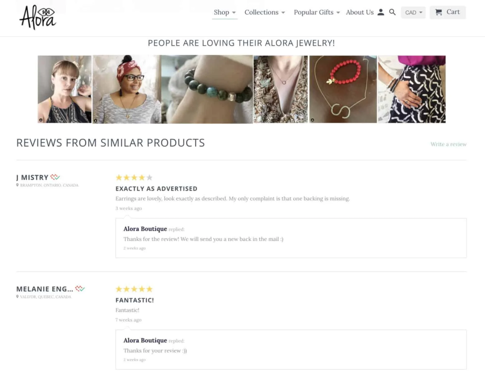 Alora.ca jewelry ecommerce store.