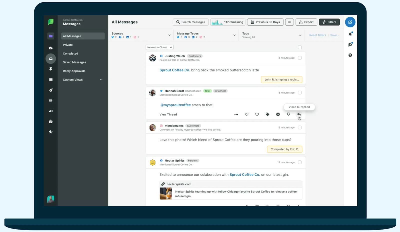 Sprout Social's dashboard in a laptop.