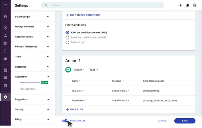 An example of how Copper CRM users can create a new workflow automation rule.