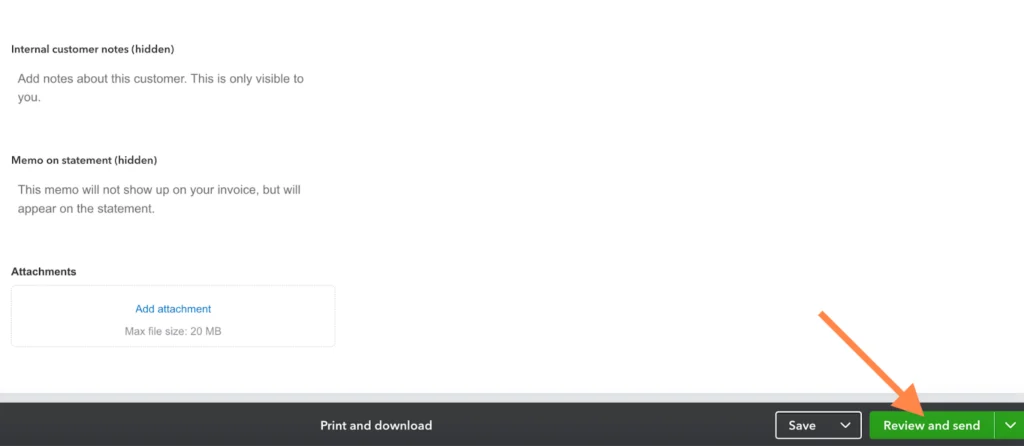 QuickBooks Online invoicing form highlighting the Review and send button