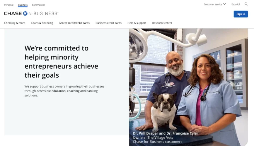 Chase Bank's page offering special education, coaching, and banking solutions to minority-owned businesses.