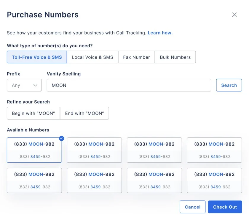 800.com phone number check out screen with selections for different number types.