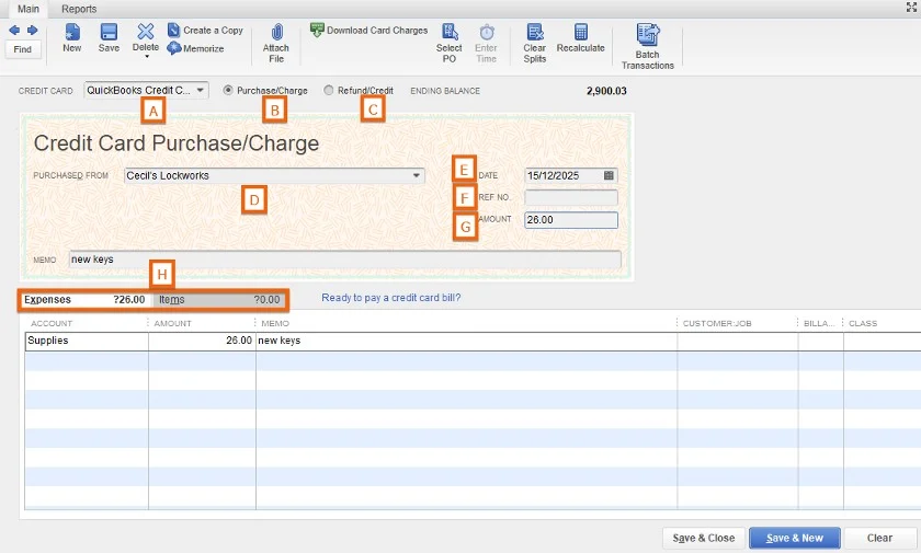 Credit card charge screen in QuickBooks Desktop.