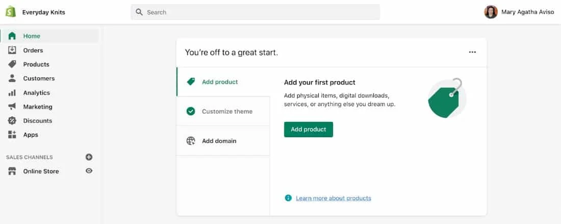Showing Shopify dashboard basic set up wizard.