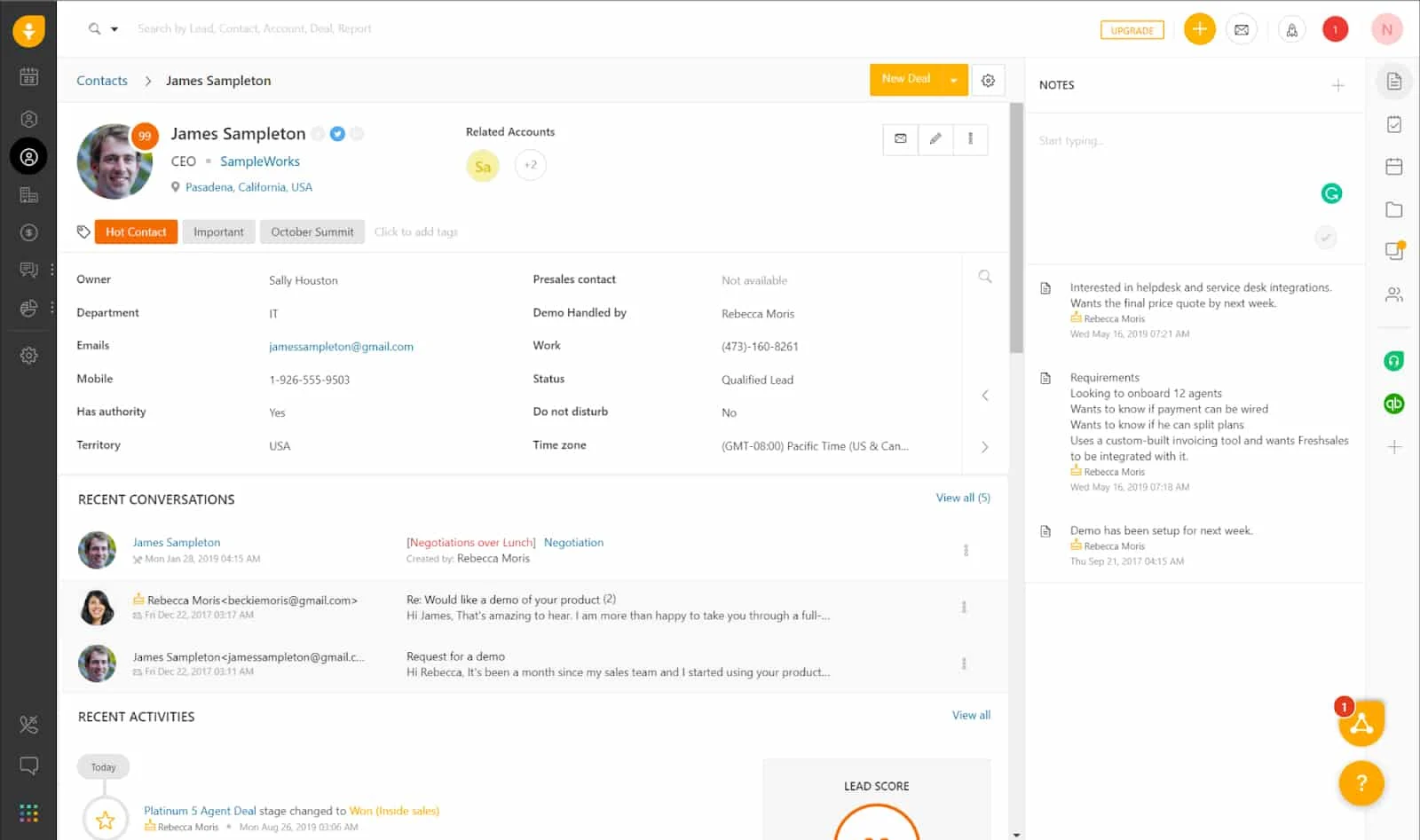 Screenshot of Freshsales customer profile view