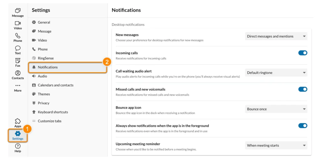 Notification settings page in the RingCentral app interface with a highlighted menu on the left for ‘Notifications,’ showing options for incoming call alerts, missed calls, and message notifications.