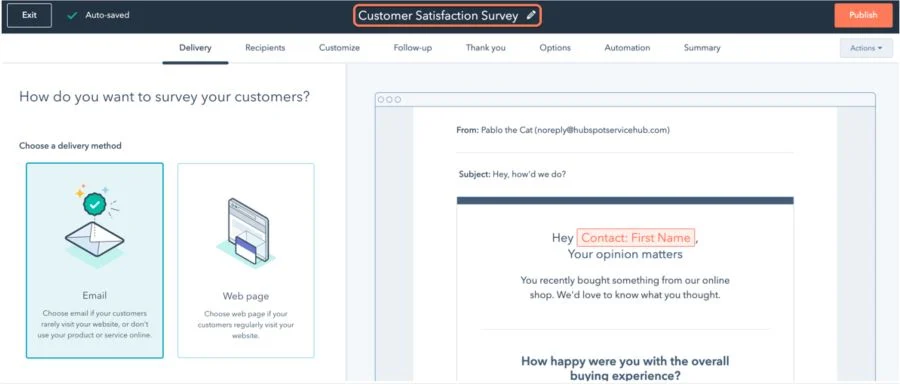 Screenshot of HubSpot CRM's customer satisfaction survey design tool.