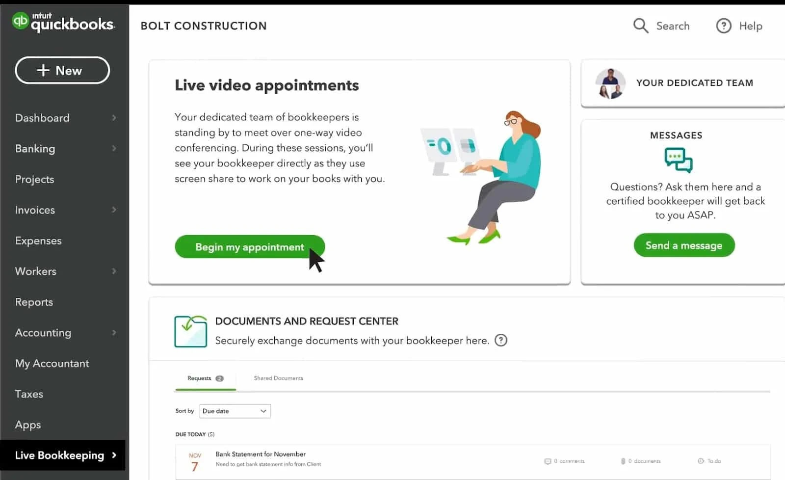 Image of QuickBooks Live Hub that shows an option to schedule live video appointments.