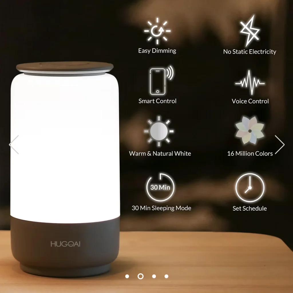 A photo of the HUGOAI smart table lamp with its features identified.