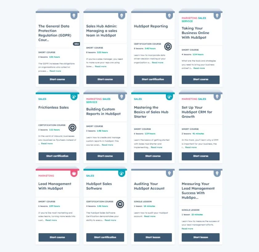 Screenshot of HubSpot Academy sales courses.