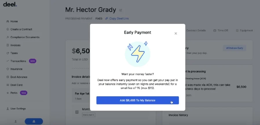 A snapshot that shows Deel's early client payment withdrawal feature.